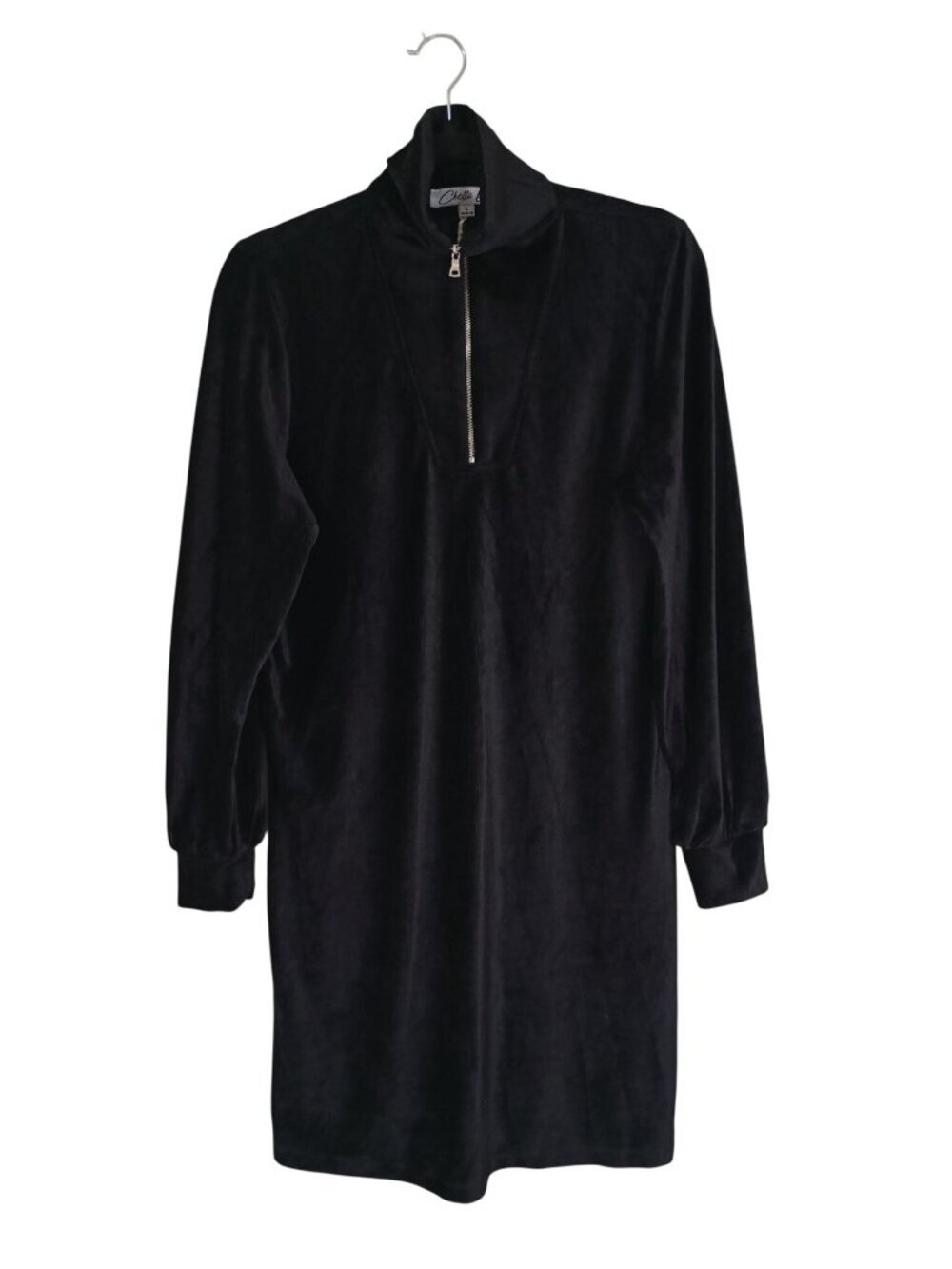 Chetta B Black Velour Long-Sleeve Tunic Dress Half-Zip Collar Size L
